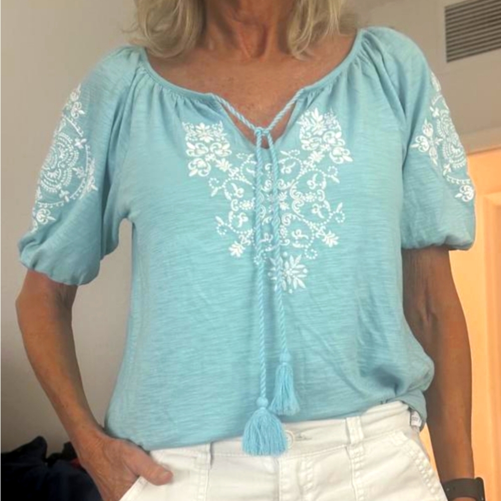 NWOT Style & Co Blue Embroidered Women's Peasant Top - Size 3X